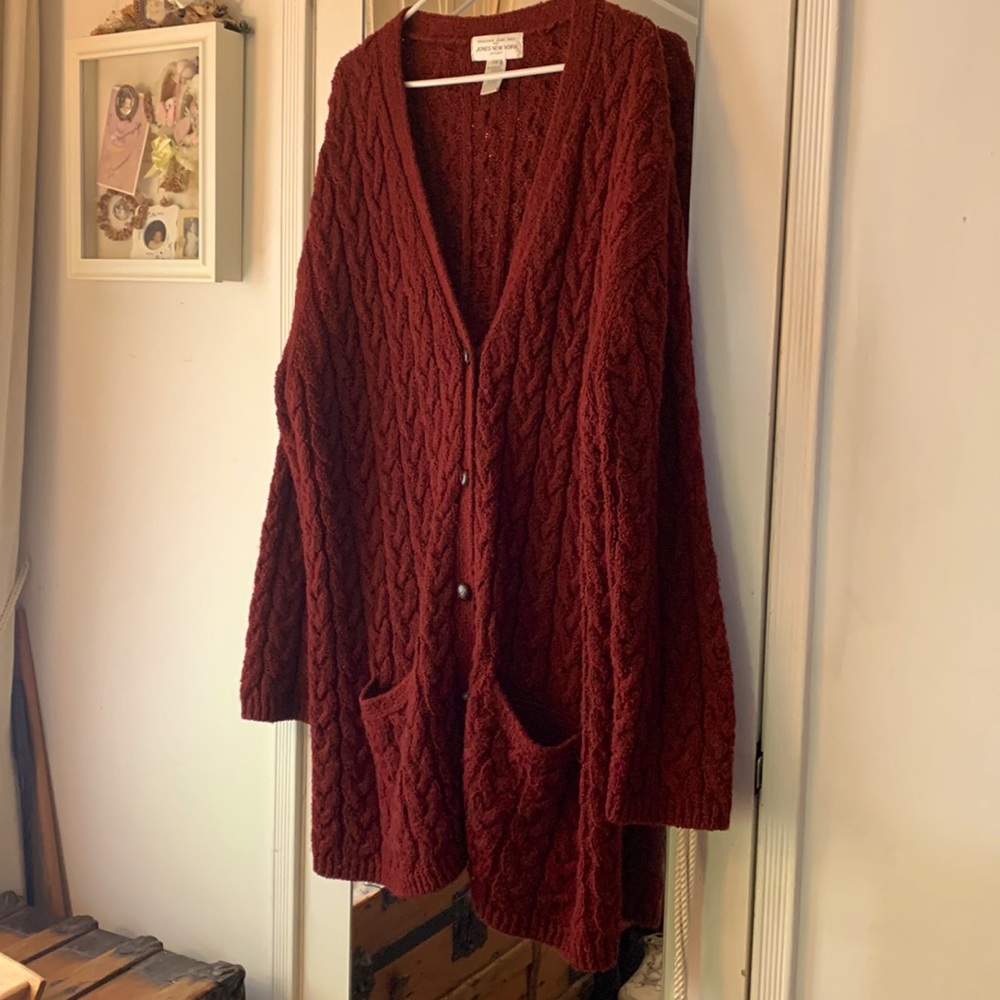 Jones New York Sport hand knit cable rust red  wool/ acrylic coat sweater. 2X